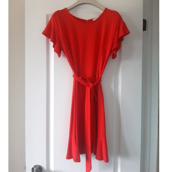 Loft Coral Red Dress with Ruffles and Tie Bow - Picture 1 of 12